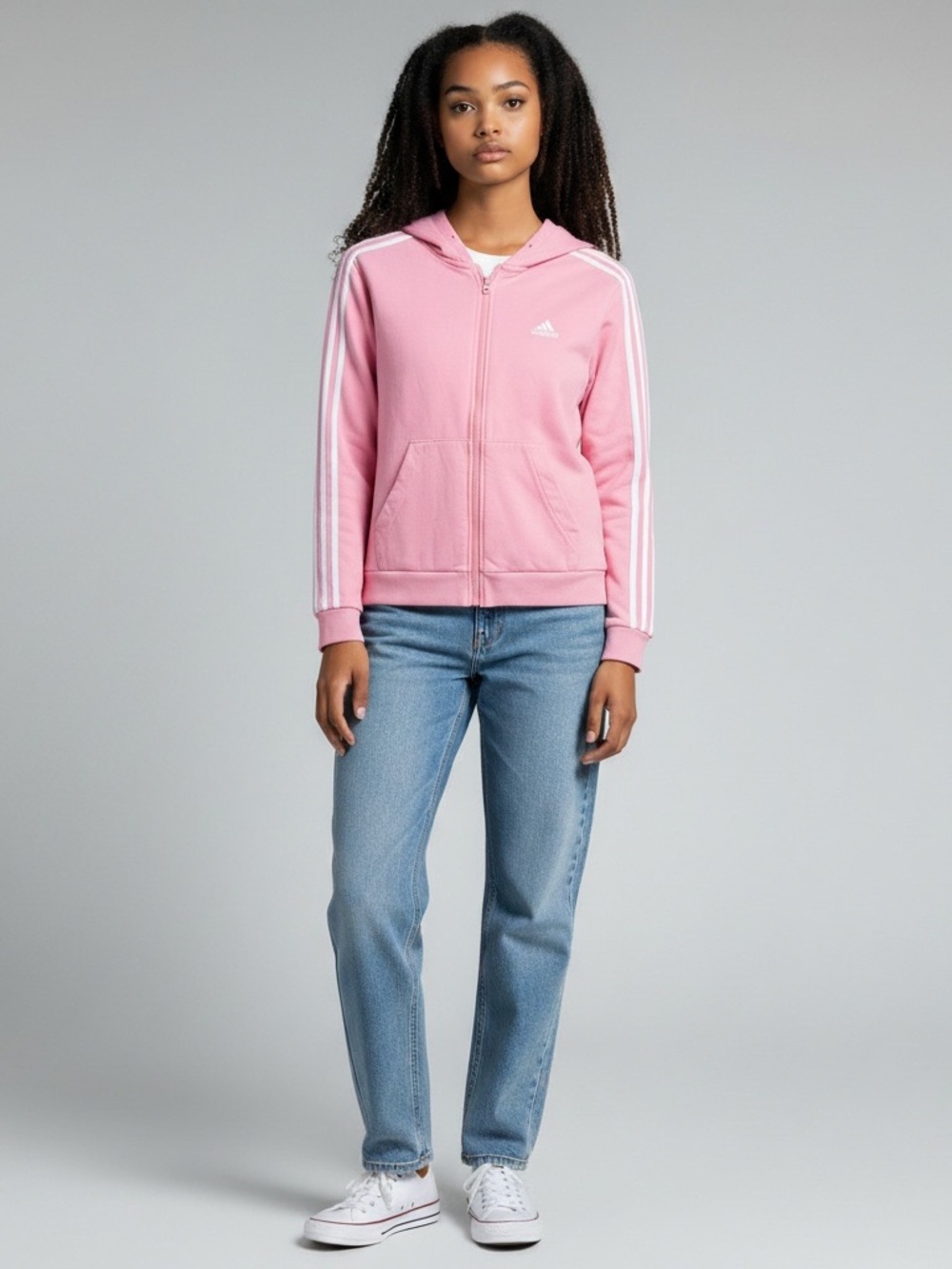 adidas Pink Zip-Up Hoodie with White Sleeve Stripes